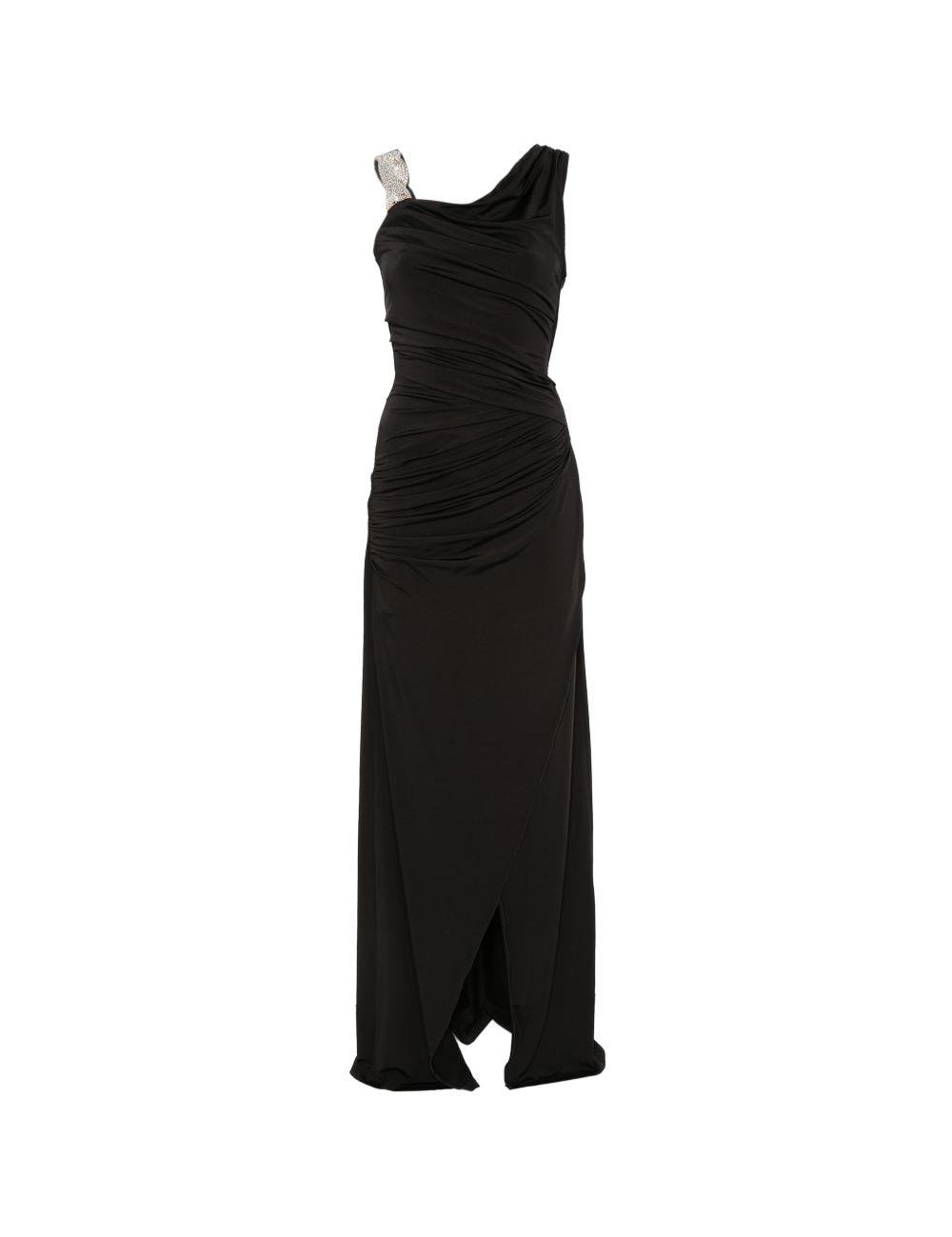 Abito lungo asimmetrico con arricciature e decorazioni di cristalli in nero Amen - donna 