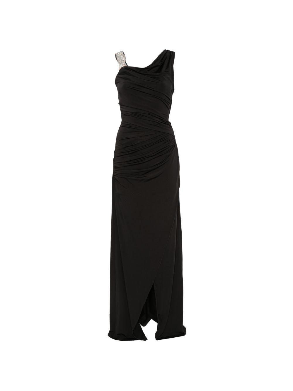 Abito lungo asimmetrico con arricciature e decorazioni di cristalli in nero Amen - donna 