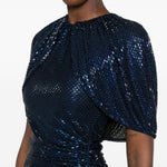 Abito midi con maniche a mantella e decorazioni di strass in blu 