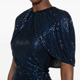 Abito midi con maniche a mantella e decorazioni di strass in blu 