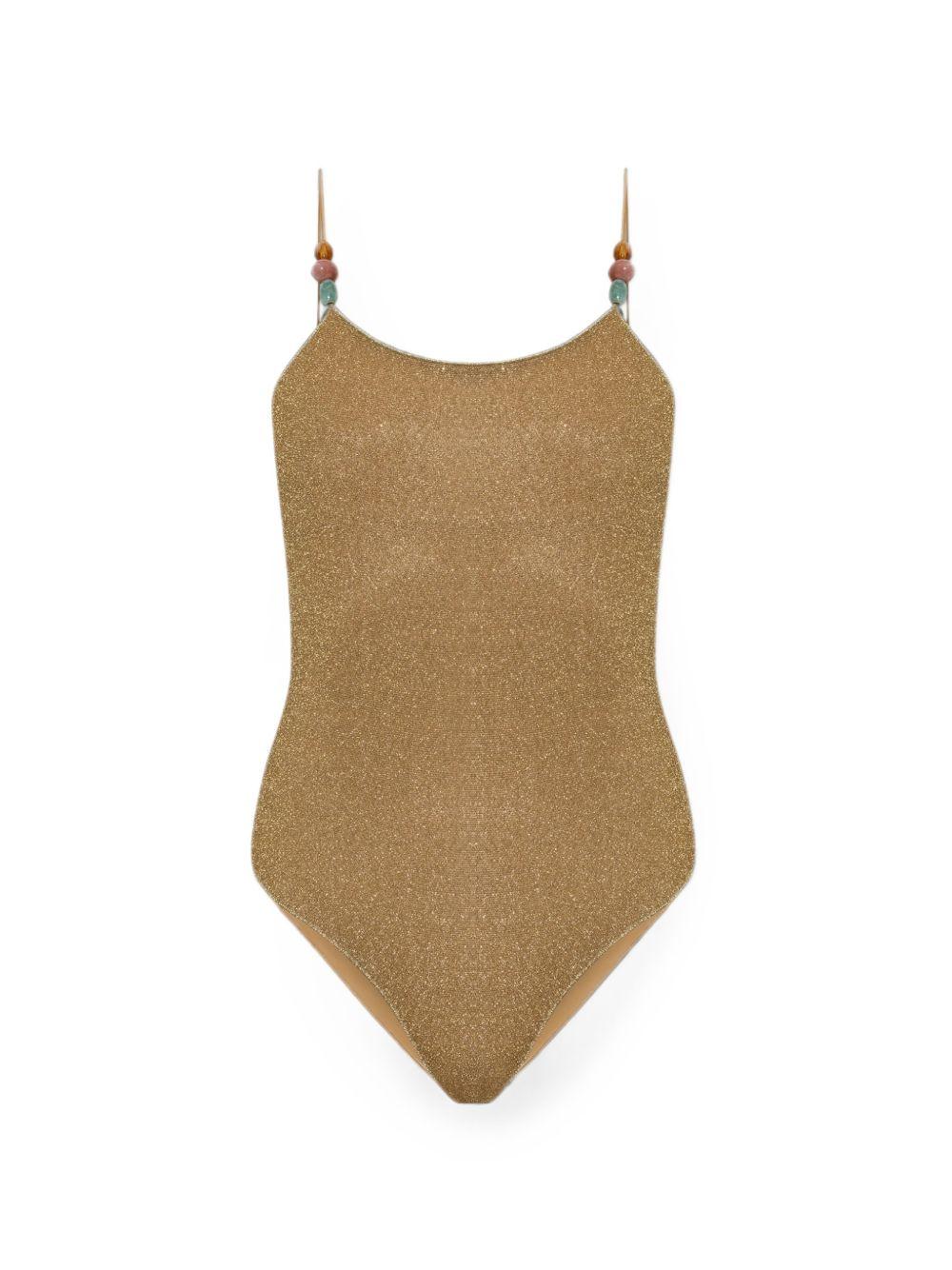 Costume da bagno metallizzato con perline color oro 