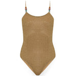 Costume da bagno metallizzato con perline color oro 