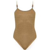 Costume da bagno metallizzato con perline color oro 