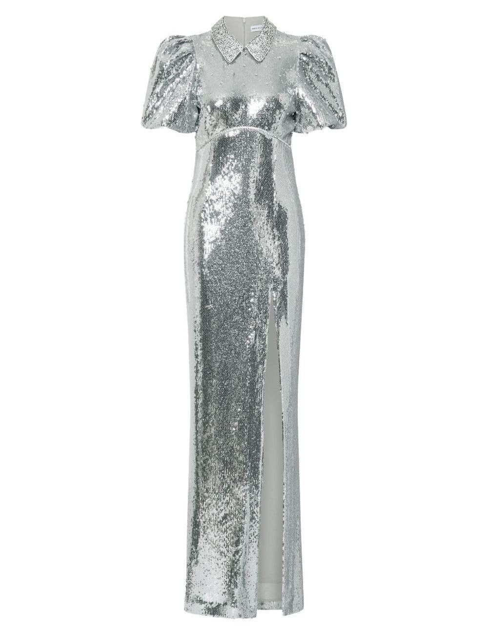 Abito lungo Olympia con maniche corte con paillettes in argento Rebecca vallance - donna 