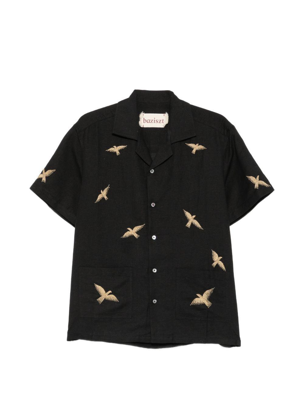 Camicia a maniche corte con ricamo di uccelli in nero Baziszt - uomo 