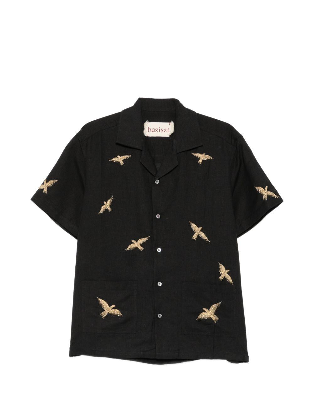 Camicia a maniche corte con ricamo di uccelli in nero Baziszt - uomo 