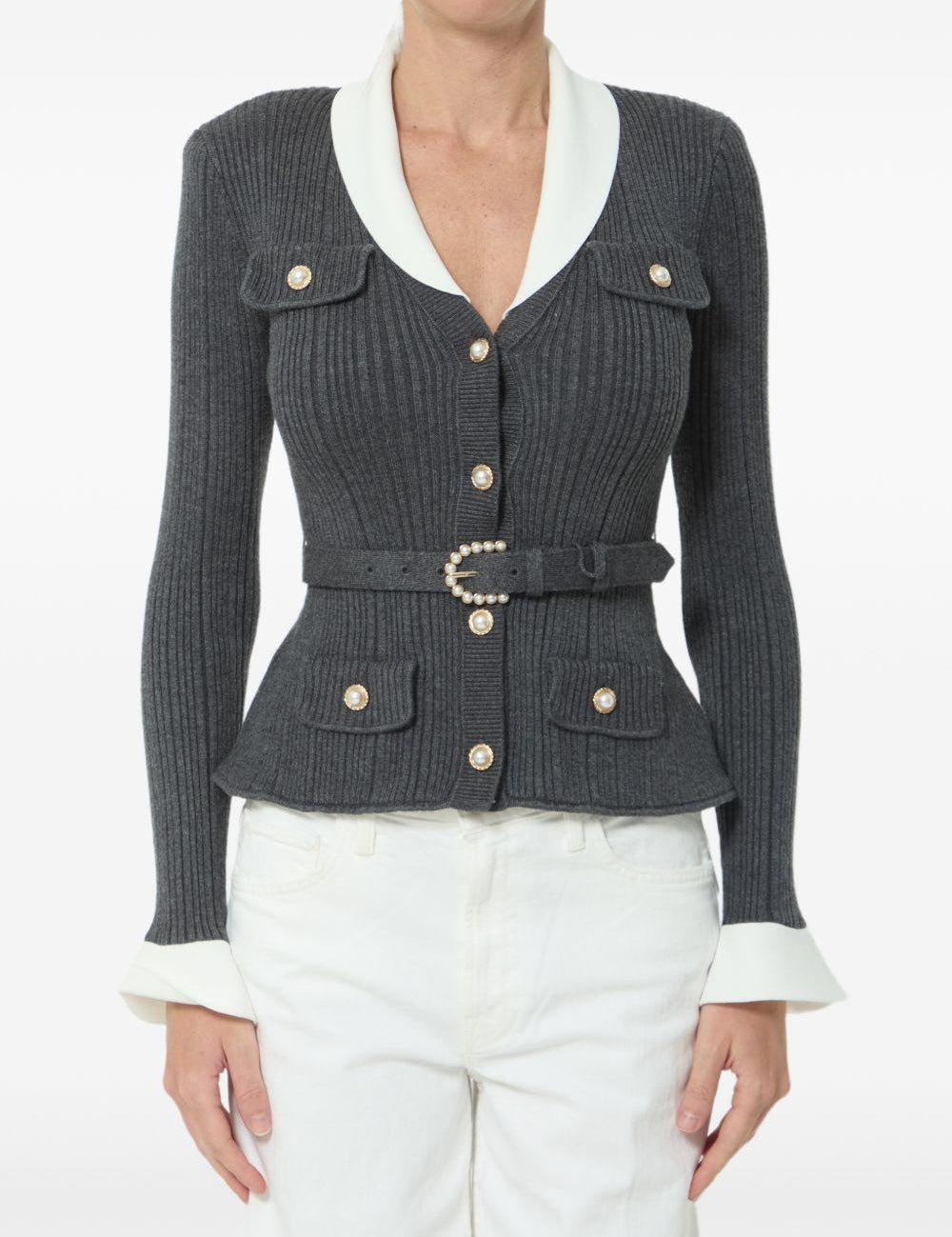 Cardigan a coste con cintura in grigio 