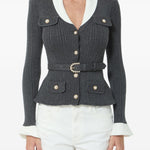 Cardigan a coste con cintura in grigio 