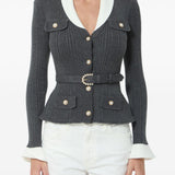 Cardigan a coste con cintura in grigio 
