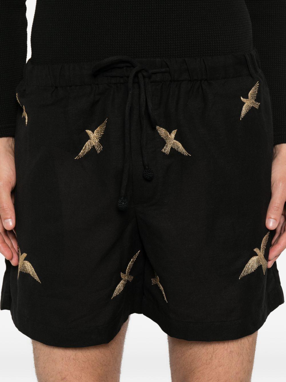 Pantaloncini con coulisse e ricamo di uccelli in nero Baziszt - uomo 