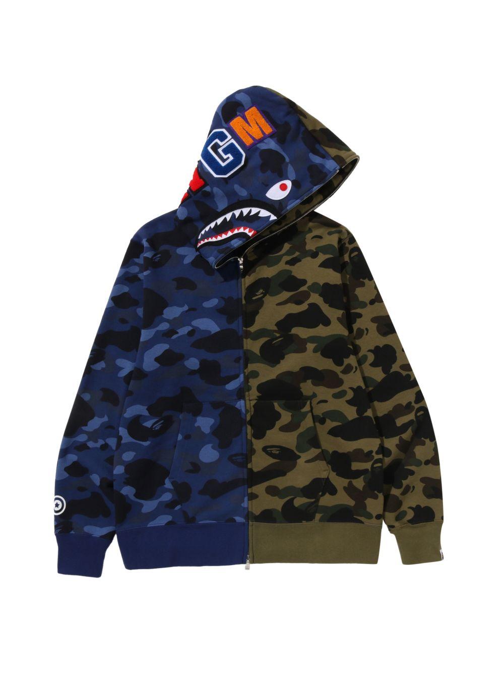 Felpa con zip intera e motivo mimetico a squalo in blu e verde A bathing ape - uomo 