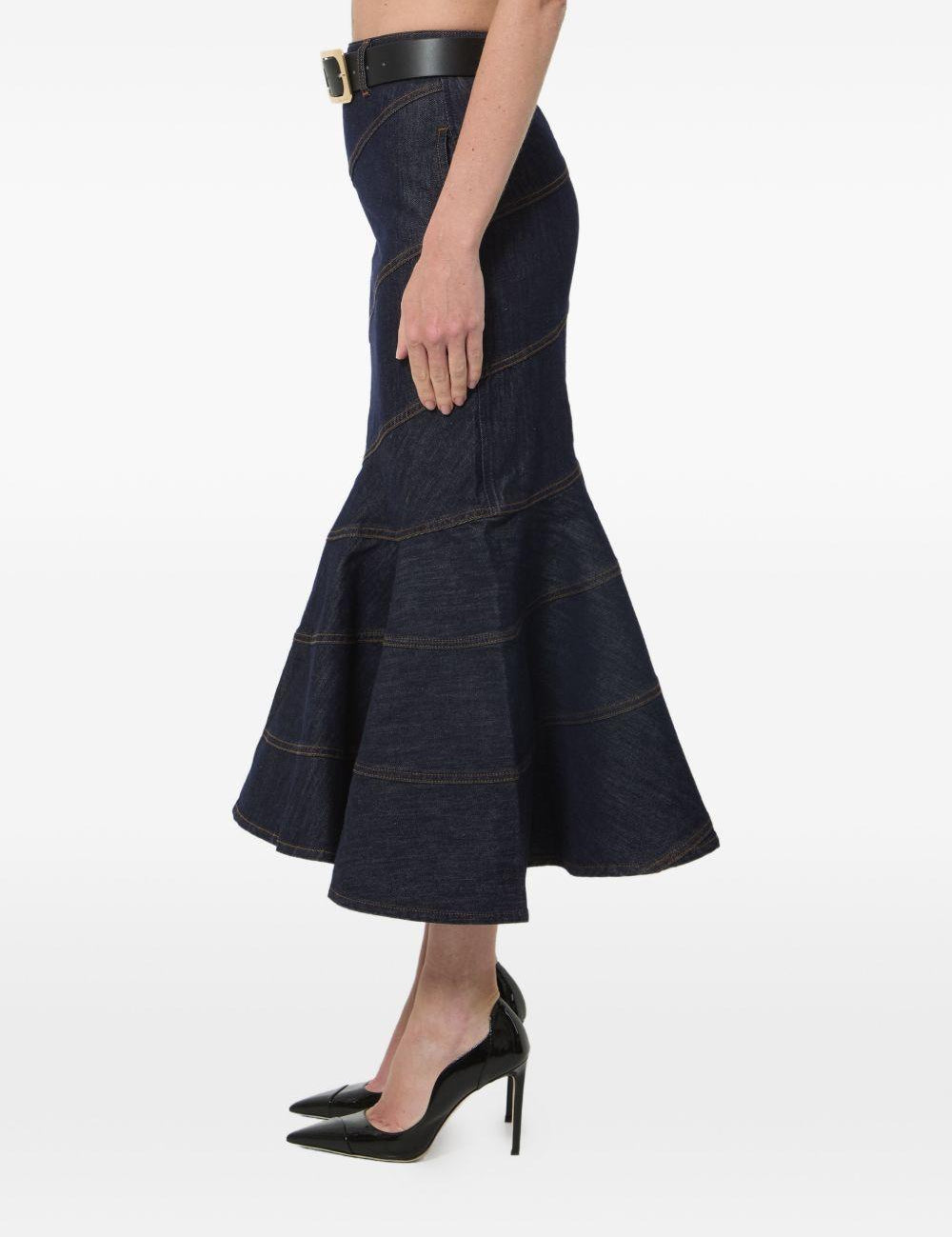 Gonna midi in denim con cintura in blu 