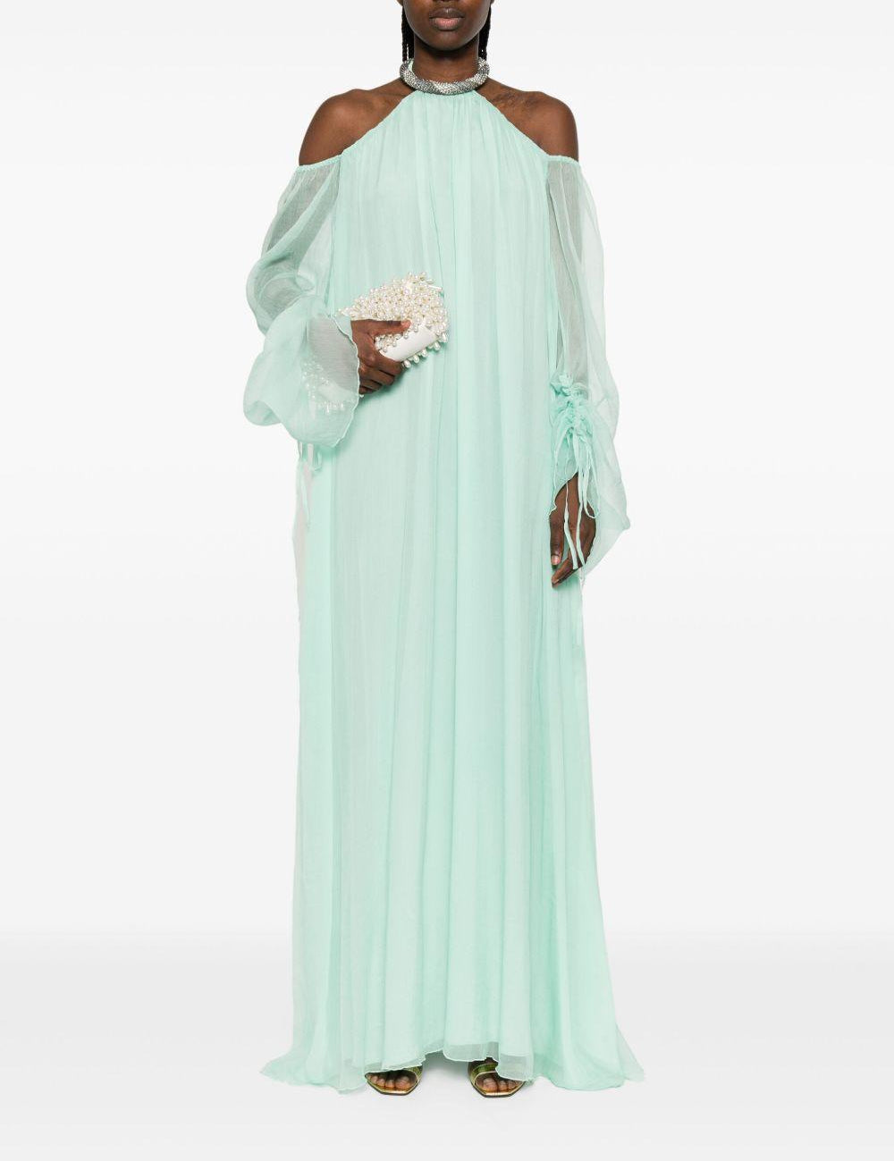 Abito lungo in seta con dettaglio con cristalli in verde acqua Amen - donna 