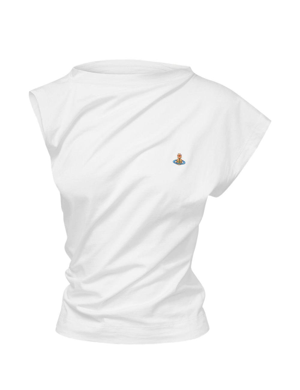 Top asimmetrico con logo in bianco 