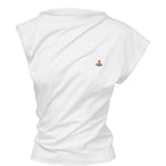 Top asimmetrico con logo in bianco 