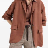 Blazer in misto lino con cintura in marrone Brunello cucinelli - donna 