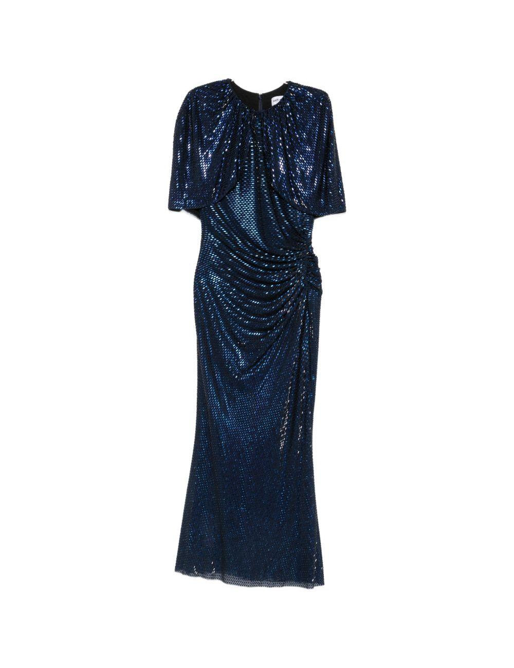 Abito midi con maniche a mantella e decorazioni di strass in blu 