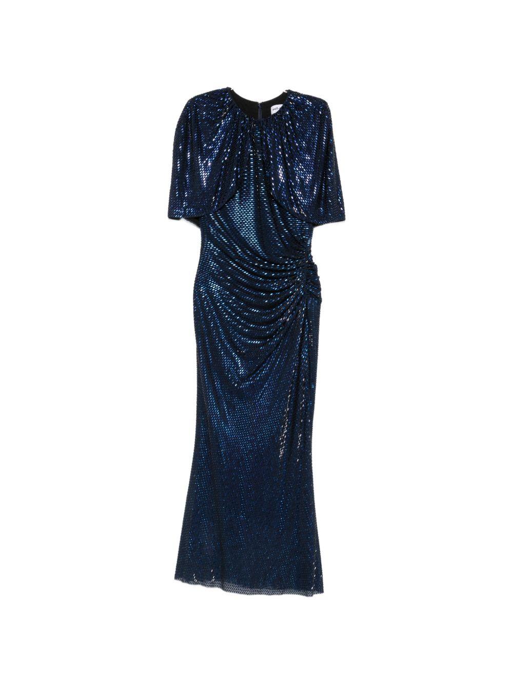 Abito midi con maniche a mantella e decorazioni di strass in blu 