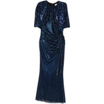 Abito midi con maniche a mantella e decorazioni di strass in blu 