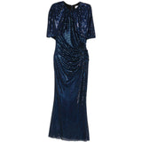 Abito midi con maniche a mantella e decorazioni di strass in blu 