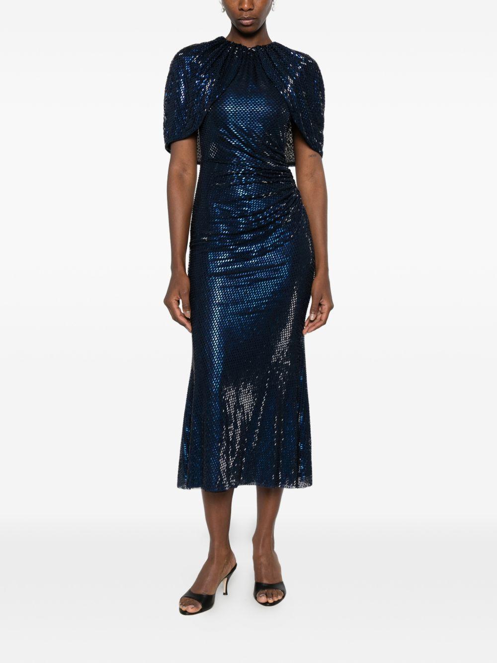 Abito midi con maniche a mantella e decorazioni di strass in blu 