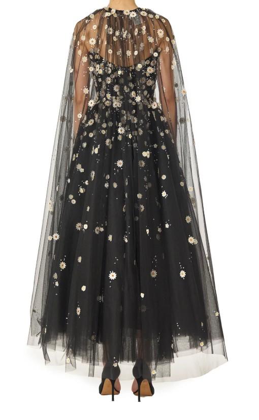 Mantella in tulle con ricamo daisy in nero monique Lhuillier - donna 