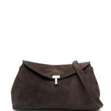 Clutch in suede con chiusura a T in marrone 