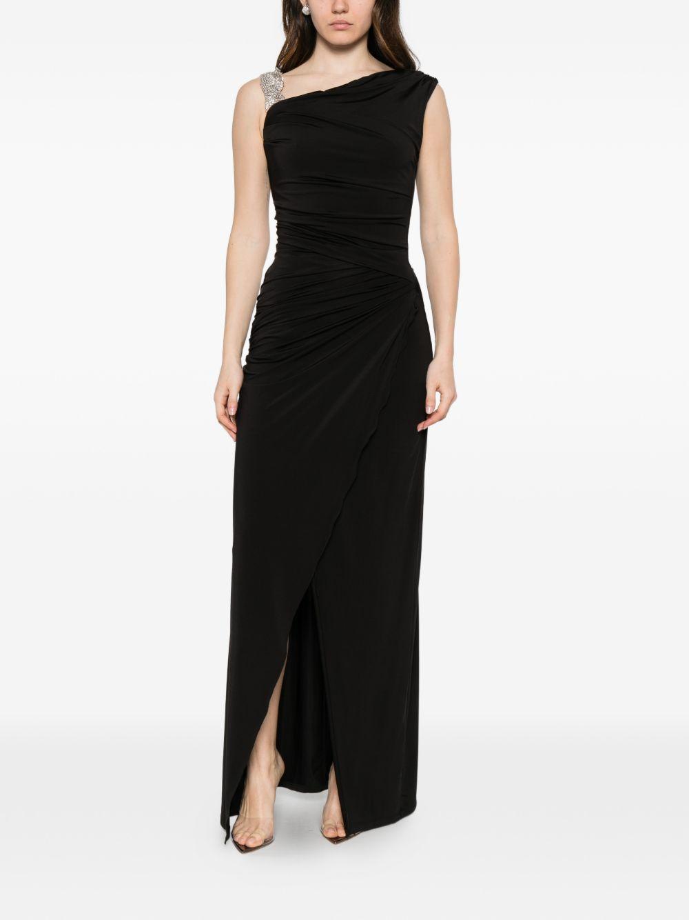 Abito lungo asimmetrico con arricciature e decorazioni di cristalli in nero Amen - donna 