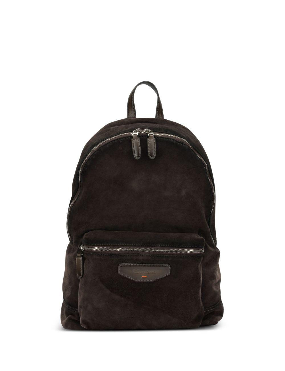 Zaino in pelle scamosciata con logo in marrone 