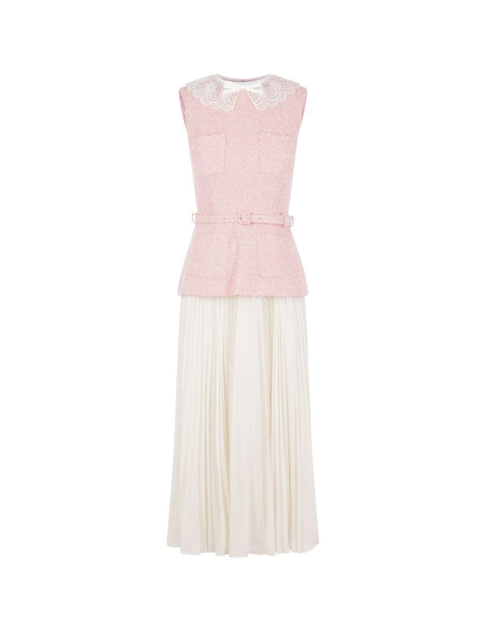 Abito midi in bouclé con collo in pizzo in rosa 