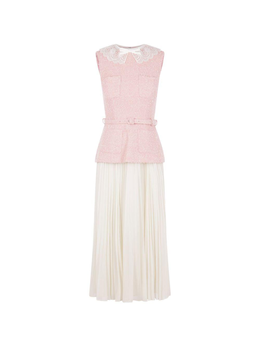Abito midi in bouclé con collo in pizzo in rosa 