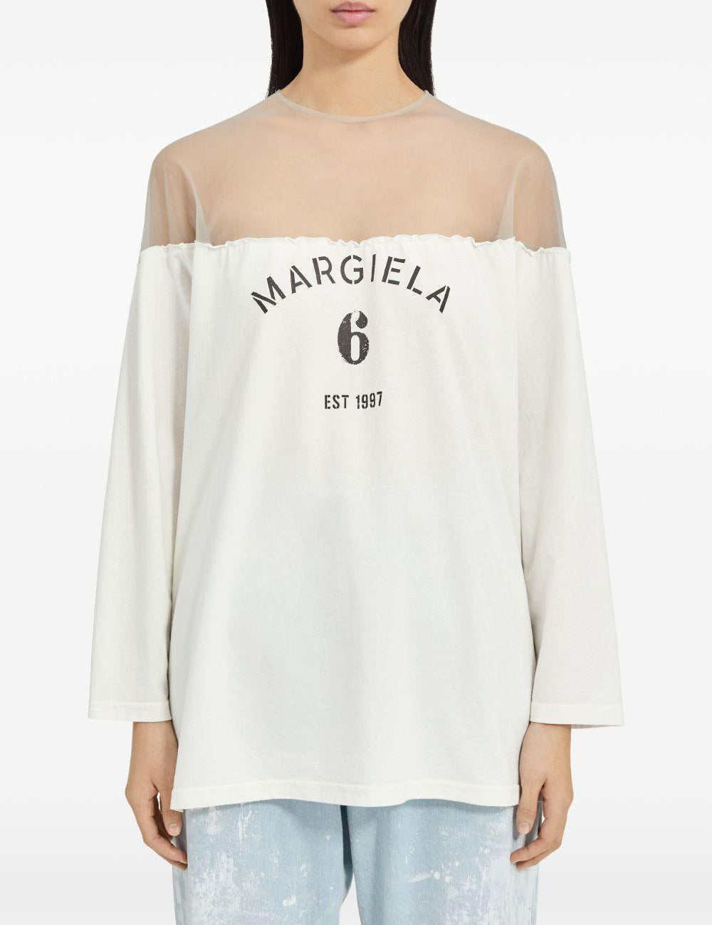 T-shirt a maniche lunghe con dettaglio trasparente in bianco Mm6 maison margiela - donna 