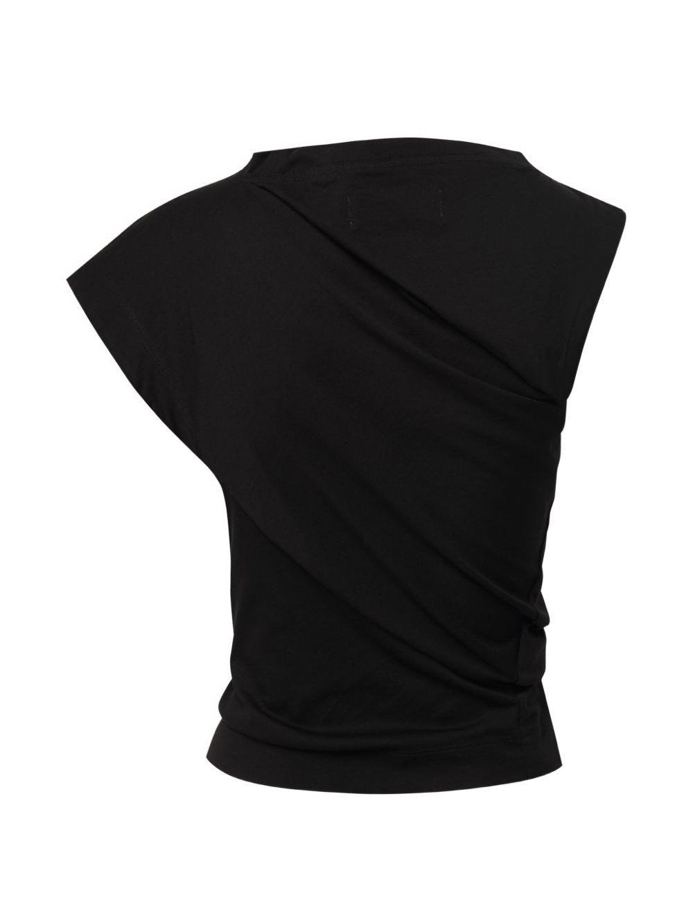 Top asimmetrico con logo in nero 