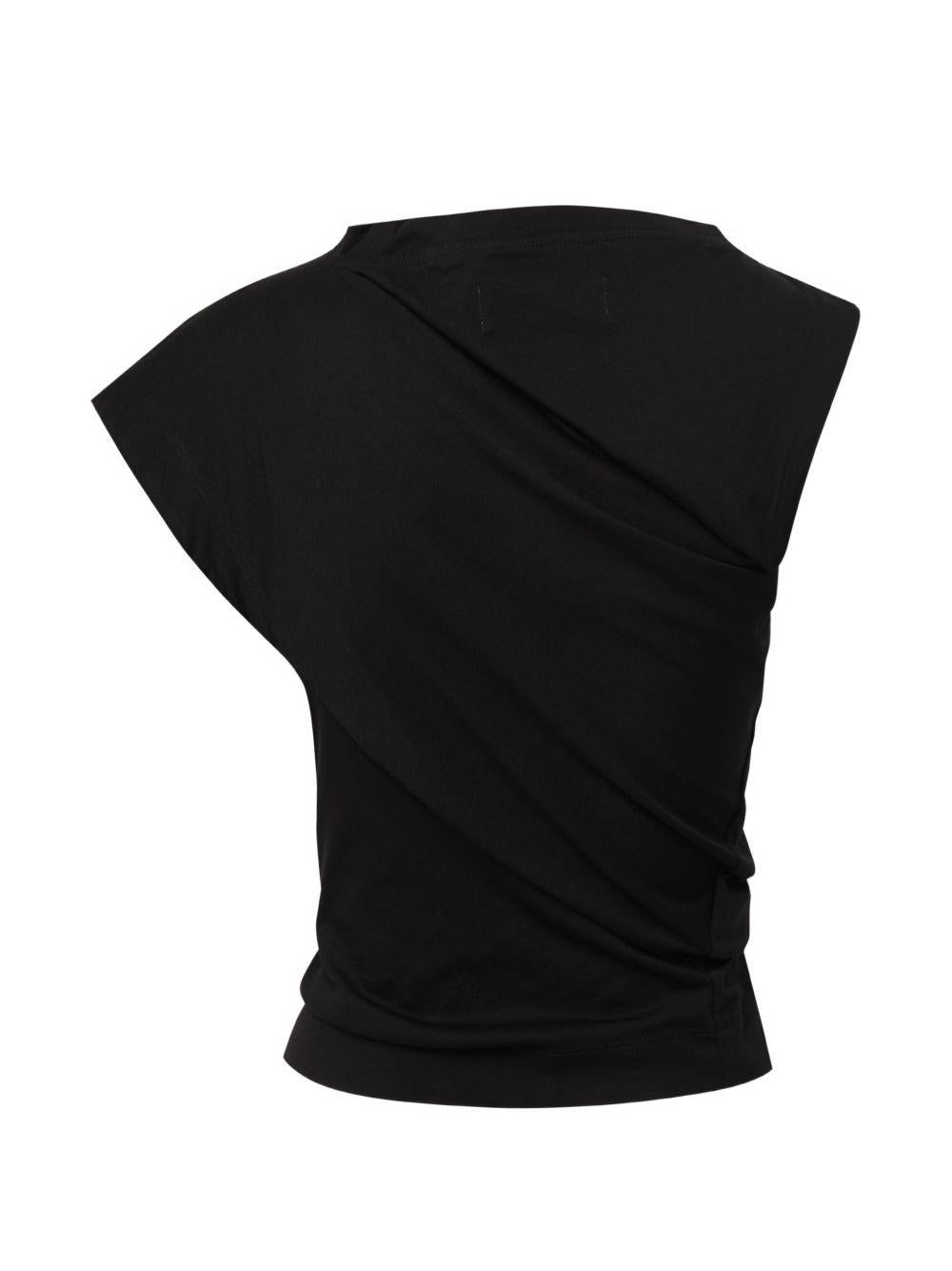 Top asimmetrico con logo in nero 