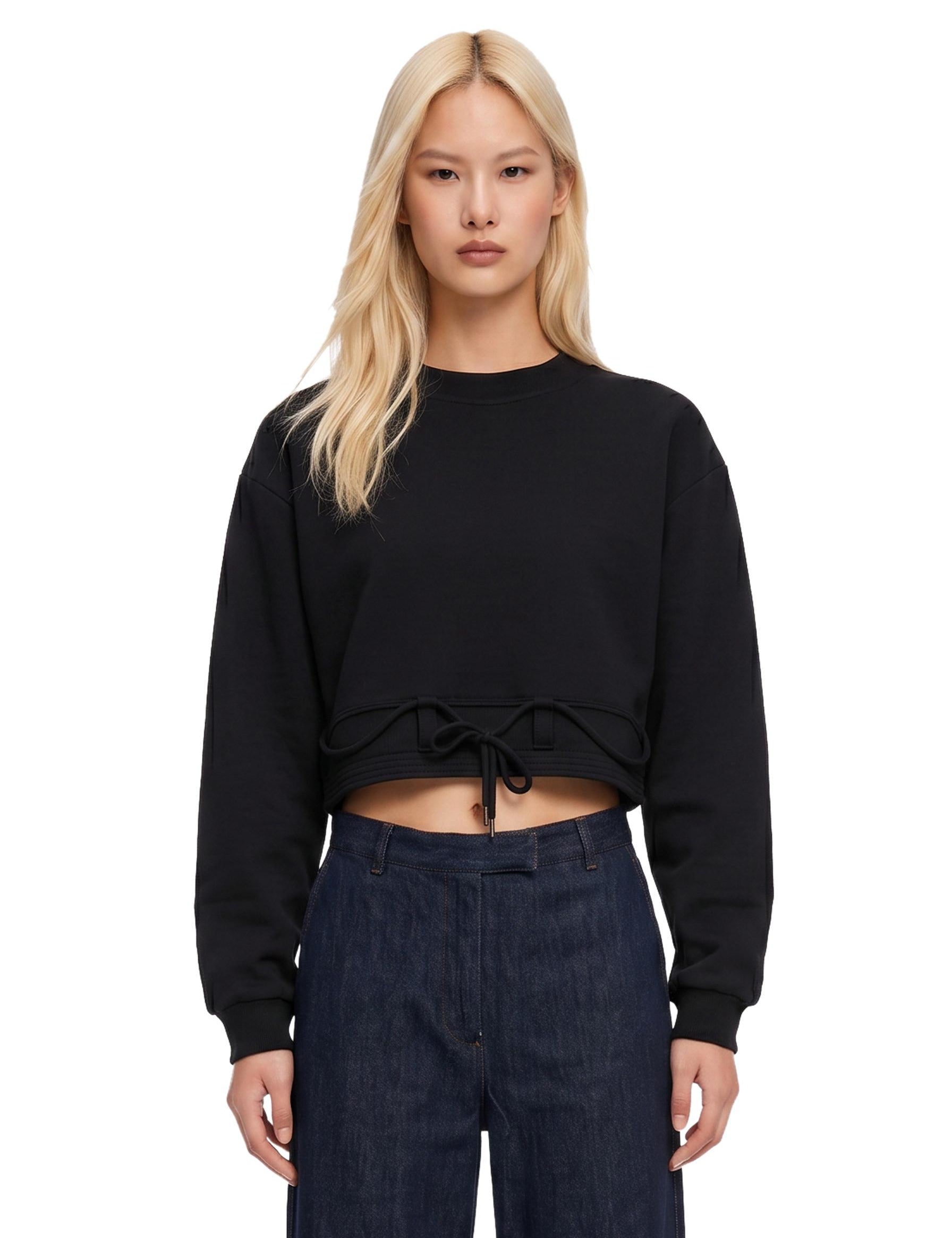 Felpa crop girocollo con coulisse nera 