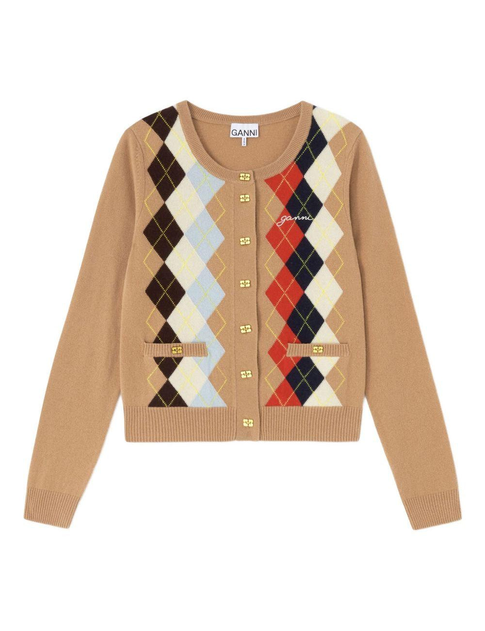 Cardigan a rombi con bottoni in marrone Ganni - donna 