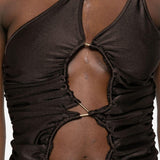 Top asimmetrico con cut-out in marrone - donna 