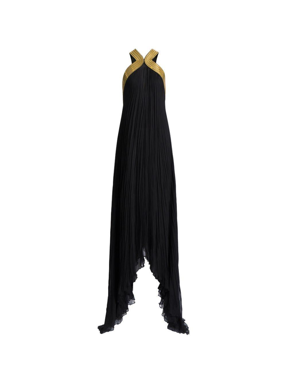 Abito lungo in chiffon plissé con ricami metallici in nero Alberta ferretti - donna 