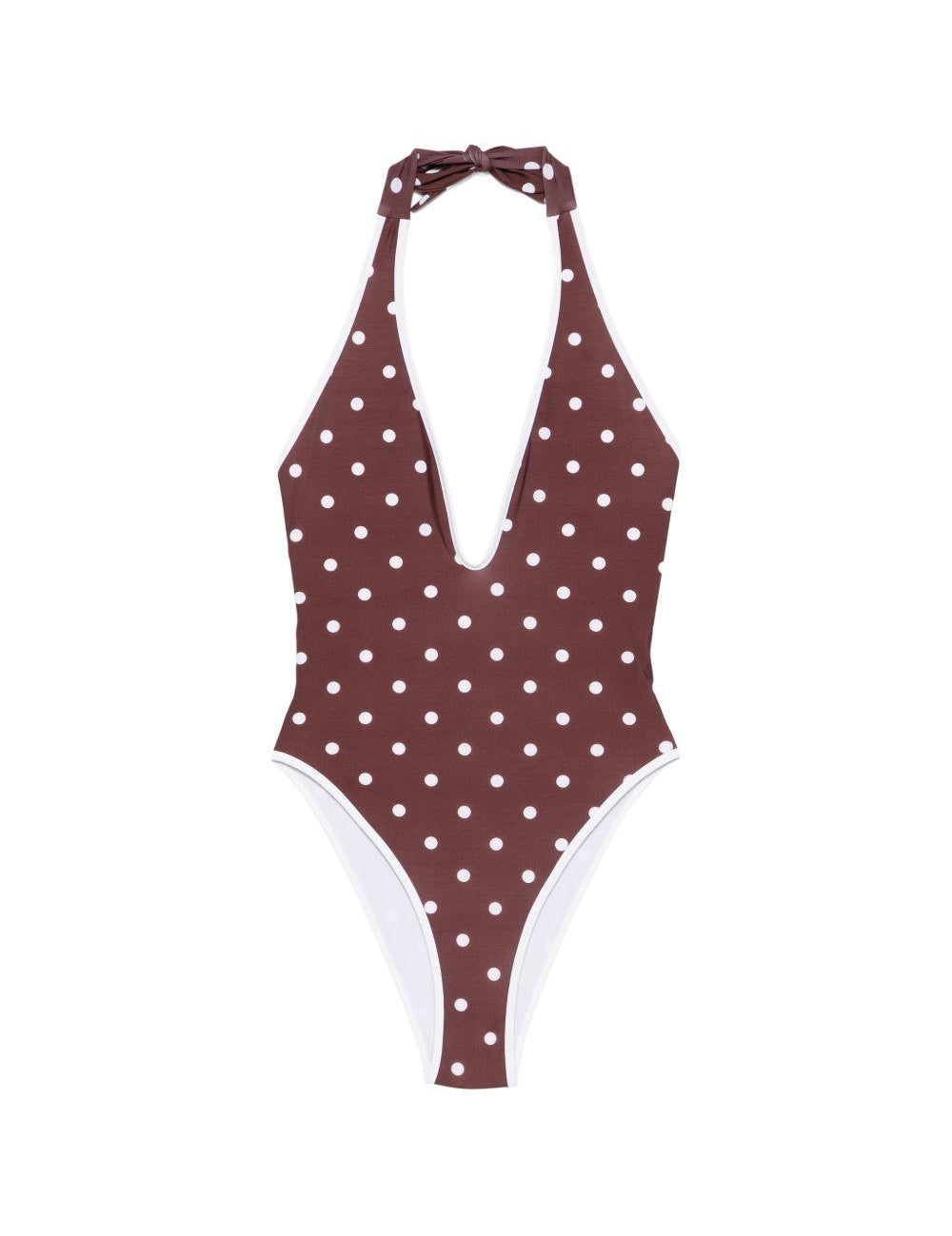 Costume da bagno a pois con scollo a v in marrone Rowen rose - donna 