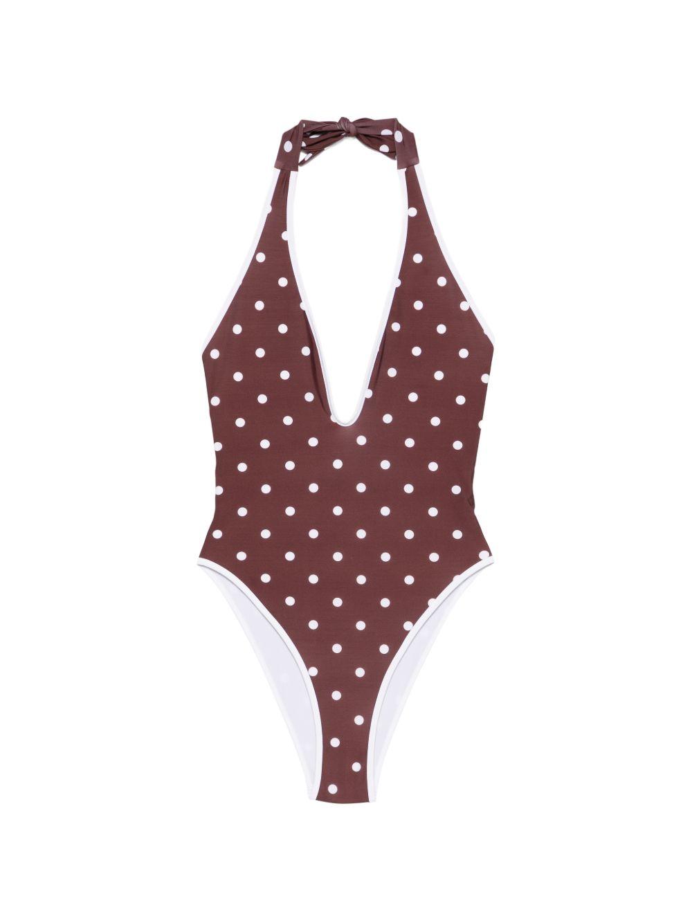 Costume da bagno a pois con scollo a v in marrone Rowen rose - donna 