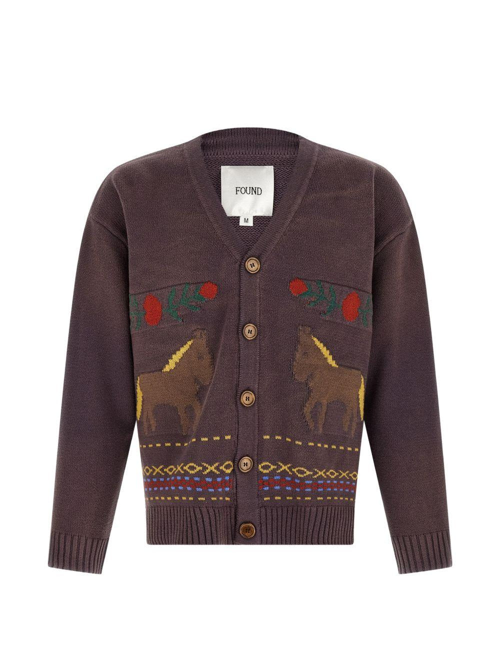 Cardigan con motivo a cavallo in jacquard in marrone Found - unisex 