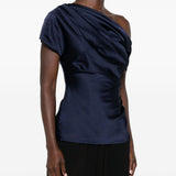 Top in raso monospalla in blu 