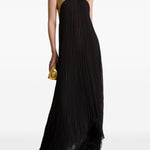 Abito lungo in chiffon plissé con ricami metallici in nero 