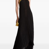 Abito lungo in chiffon plissé con ricami metallici in nero 