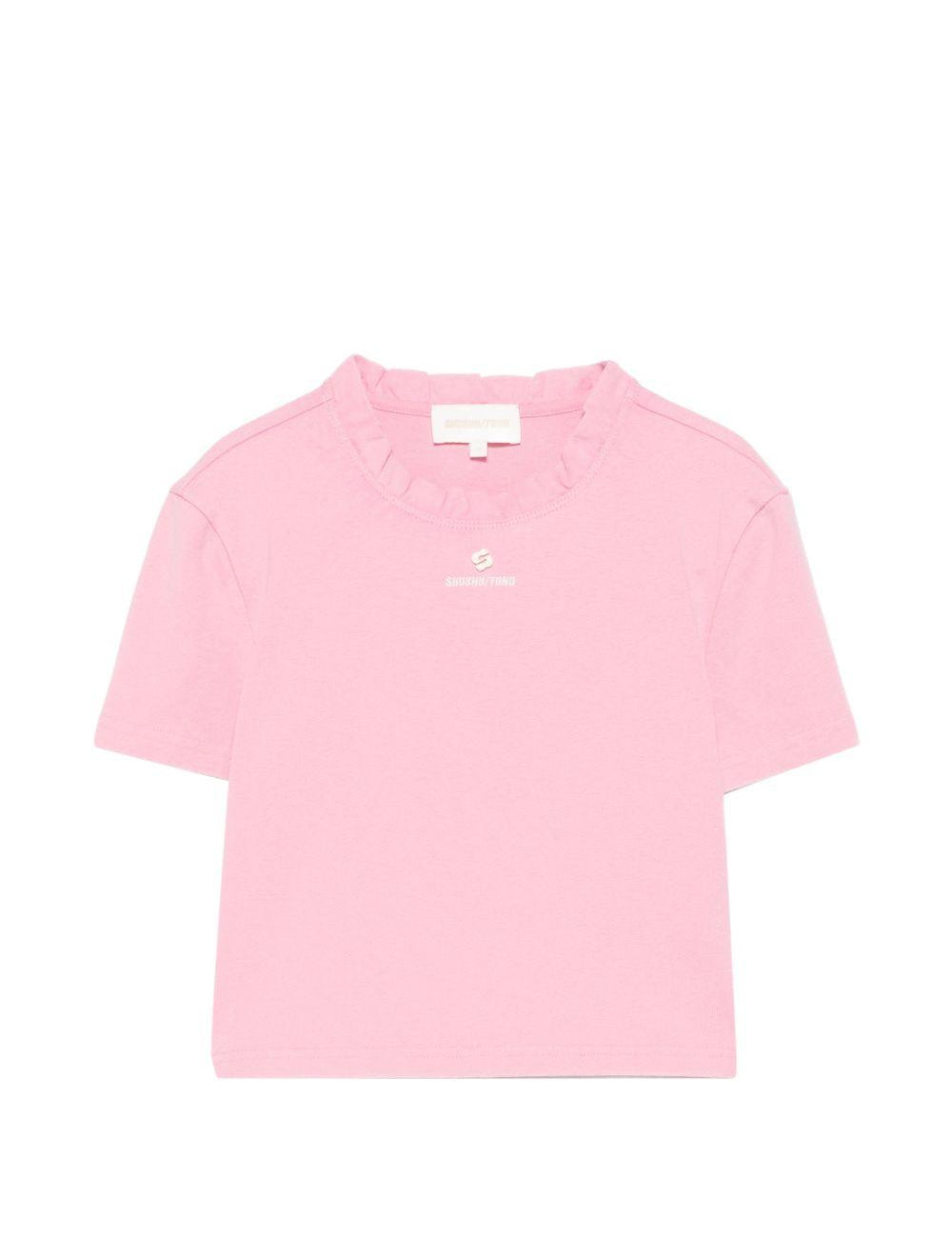 T-shirt con bordi arricciati e logo ricamato in rosa Shushu/tong - donna 