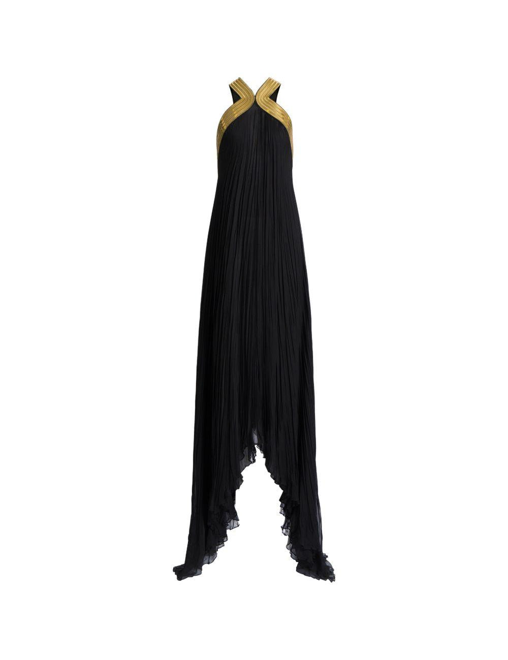 Abito lungo in chiffon plissé con ricami metallici in nero 
