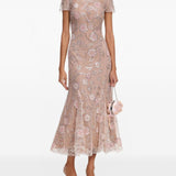 Abito midi con stampa floreale e decorazioni di paillettes in rosa 