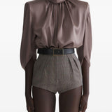 Blusa drappeggiata a collo alto in marrone Mugler - donna 