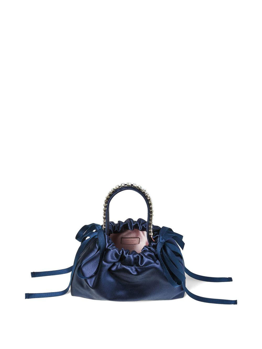 Borsa satinata con cristalli in blu 