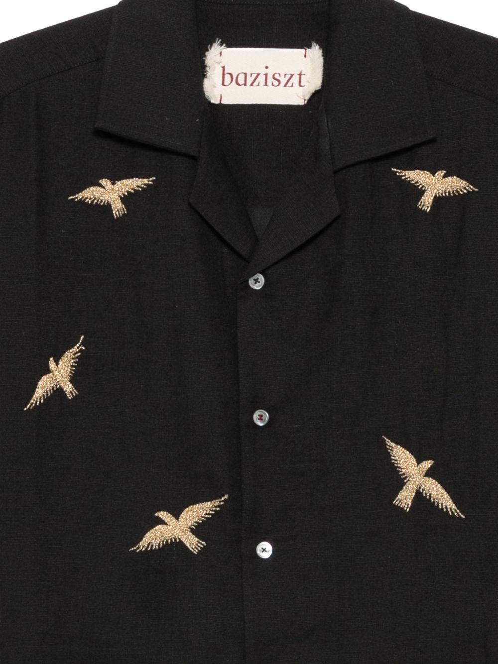 Camicia a maniche corte con ricamo di uccelli in nero Baziszt - uomo 